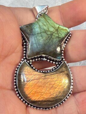 Labradorite Star & Crescent Moon Pendant Natural Gemstone Blue Gold Flash OOAK